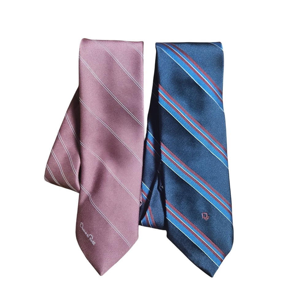 Lot of 2 Christian Dior Monsieur, Oscar de la Renta Silk Striped Necktie Classic